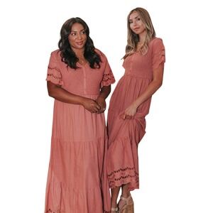 One Loved Babe Terracotta Smocked Tiered Eyelet Maxi Dress Large Cottagecore